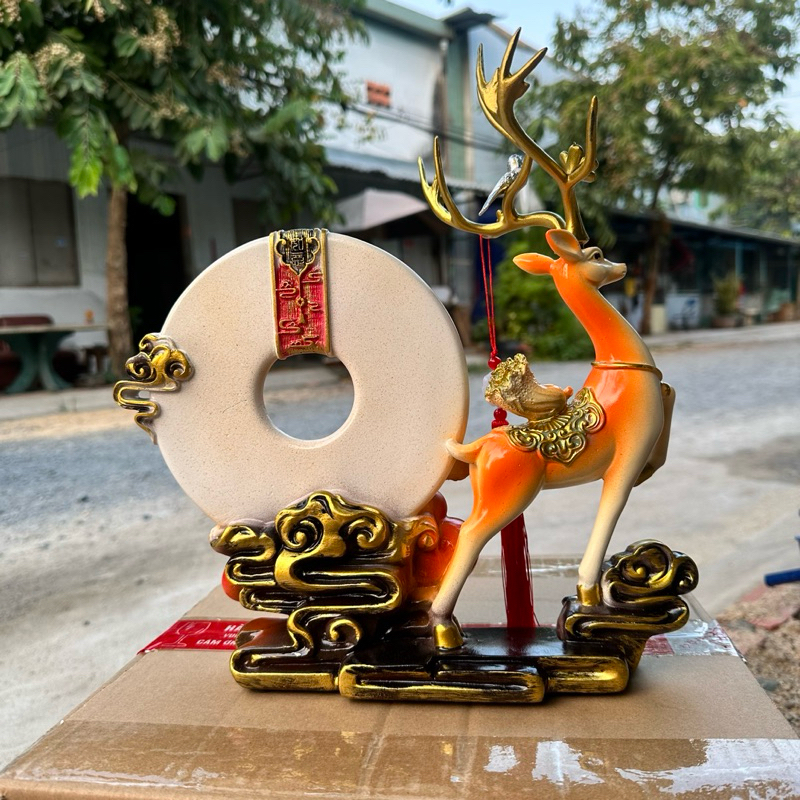 Tượng Decor Hươu Kéo Hồ Lô Ngũ Phúc Đĩa Như Ý Phong Thủy,  Quà Tặng Tân Gia Khai Trương Sinh Nhật