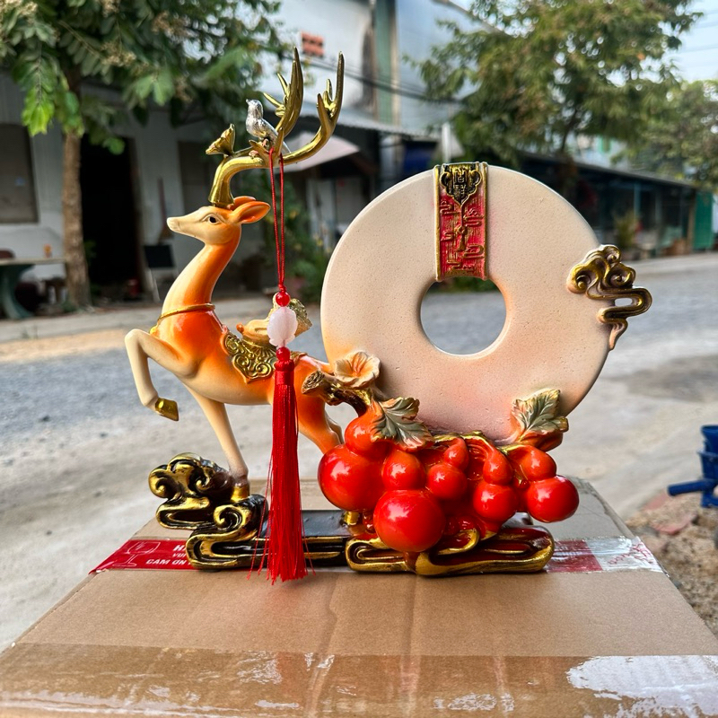 Tượng Decor Hươu Kéo Hồ Lô Ngũ Phúc Đĩa Như Ý Phong Thủy,  Quà Tặng Tân Gia Khai Trương Sinh Nhật