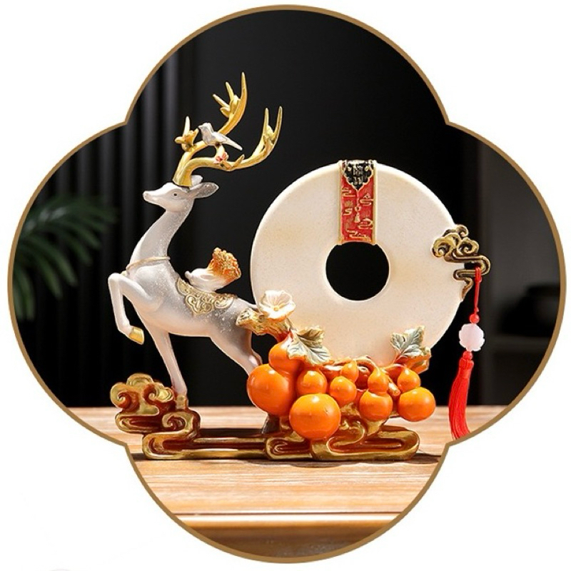 Tượng Decor Hươu Kéo Hồ Lô Ngũ Phúc Đĩa Như Ý Phong Thủy,  Quà Tặng Tân Gia Khai Trương Sinh Nhật