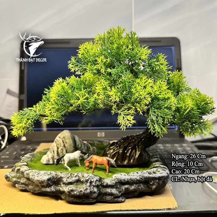 Chậu Cây Tùng Bonsai Bằng Nhựa Trang Trí Tiểu Cảnh, Trang Trí Kèm Các Mẫu Tượng Mini