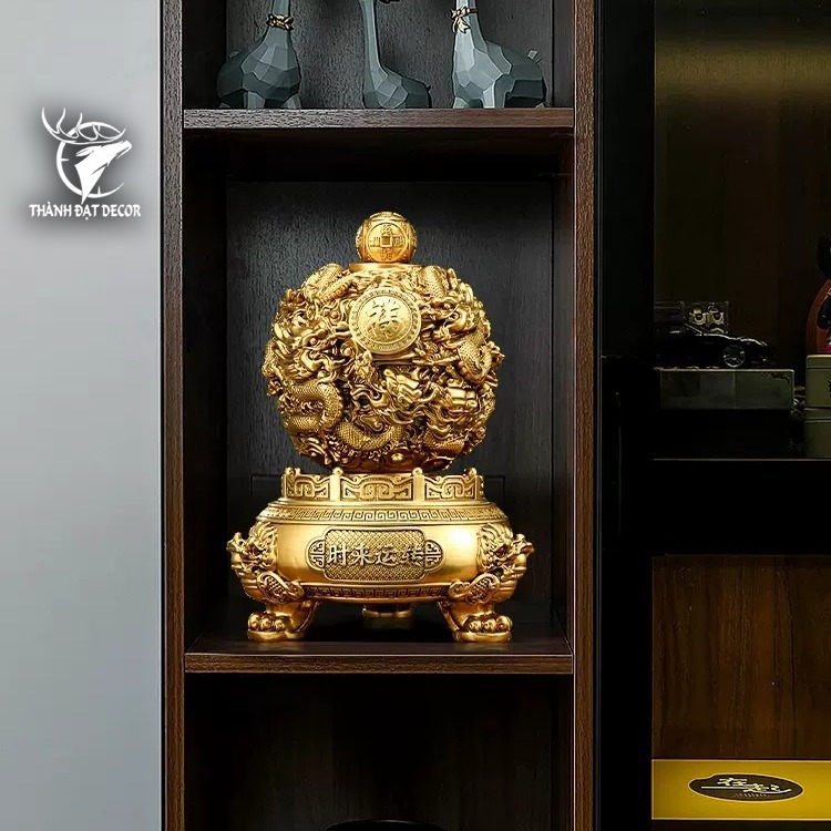 Vật Phẩm Phong Thủy Lư Vàng Cửu Long Tranh Châu, Quà Tặng Tân Gia Khai Trương Sinh Nhật.