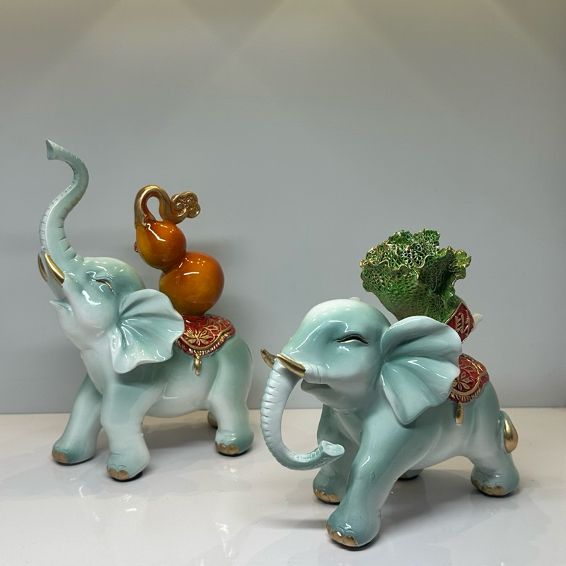 Cặp Tượng Voi Vàng Cưỡi Hồ Lô Bắp Cải Phong Thủy, Trang Trí, Quà Tặng Tân Gia, Khai Trương Sinh Nhật