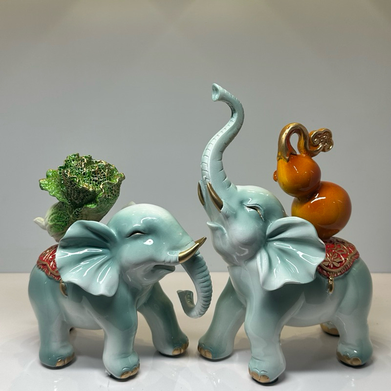 Cặp Tượng Voi Vàng Cưỡi Hồ Lô Bắp Cải Phong Thủy, Trang Trí, Quà Tặng Tân Gia, Khai Trương Sinh Nhật