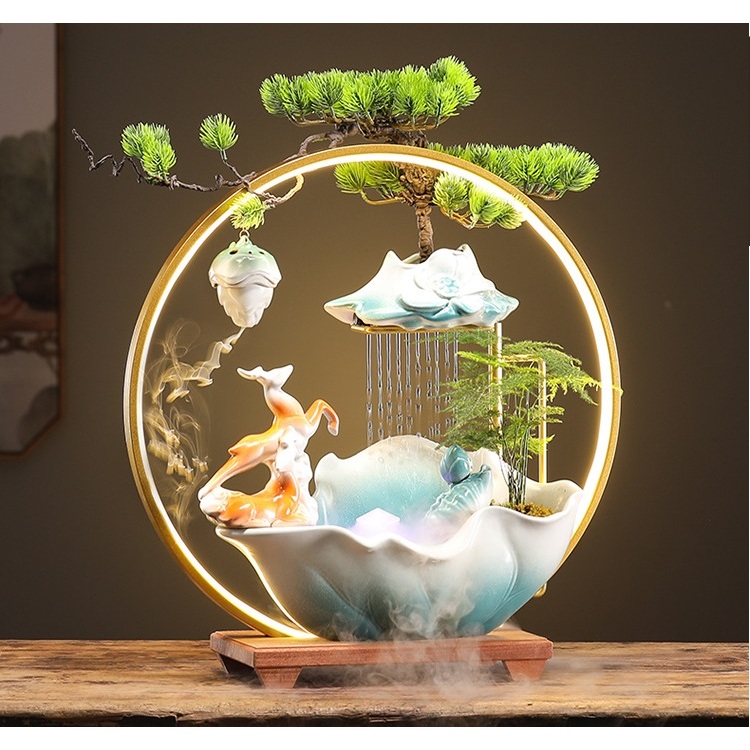 Thác nước phong thủy hươu cam size 52, Đài thưởng Trầm cao cấp phun nước có đèn, Tặng kèm Hương Trầm