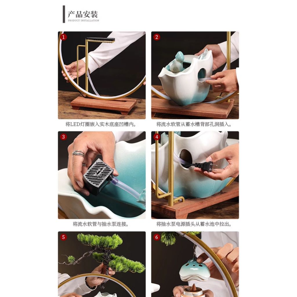 Thác nước phong thủy hươu cam size 52, Đài thưởng Trầm cao cấp phun nước có đèn, Tặng kèm Hương Trầm