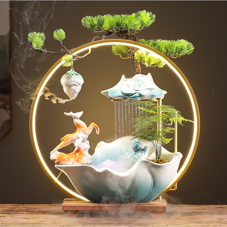 Thác nước phong thủy hươu cam size 52, Đài thưởng Trầm cao cấp phun nước có đèn, Tặng kèm Hương Trầm