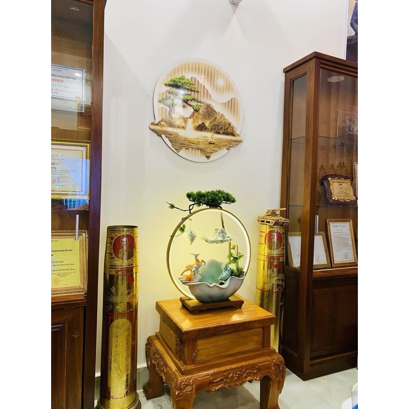 Thác nước phong thủy hươu cam size 52, Đài thưởng Trầm cao cấp phun nước có đèn, Tặng kèm Hương Trầm