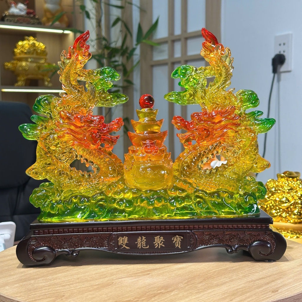 Tượng Con Rồng Song Long Tụ Bảo 31x10x28 Phong Thủy Tuổi Thìn, Quà Tặng Tân Gia, Khai Trương, Decor