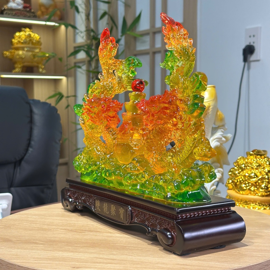 Tượng Con Rồng Song Long Tụ Bảo 31x10x28 Phong Thủy Tuổi Thìn, Quà Tặng Tân Gia, Khai Trương, Decor