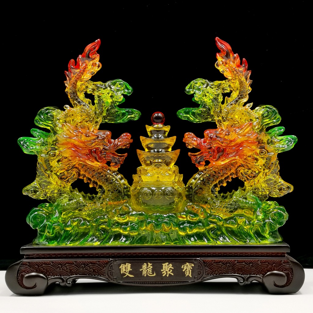 Tượng Con Rồng Song Long Tụ Bảo 31x10x28 Phong Thủy Tuổi Thìn, Quà Tặng Tân Gia, Khai Trương, Decor
