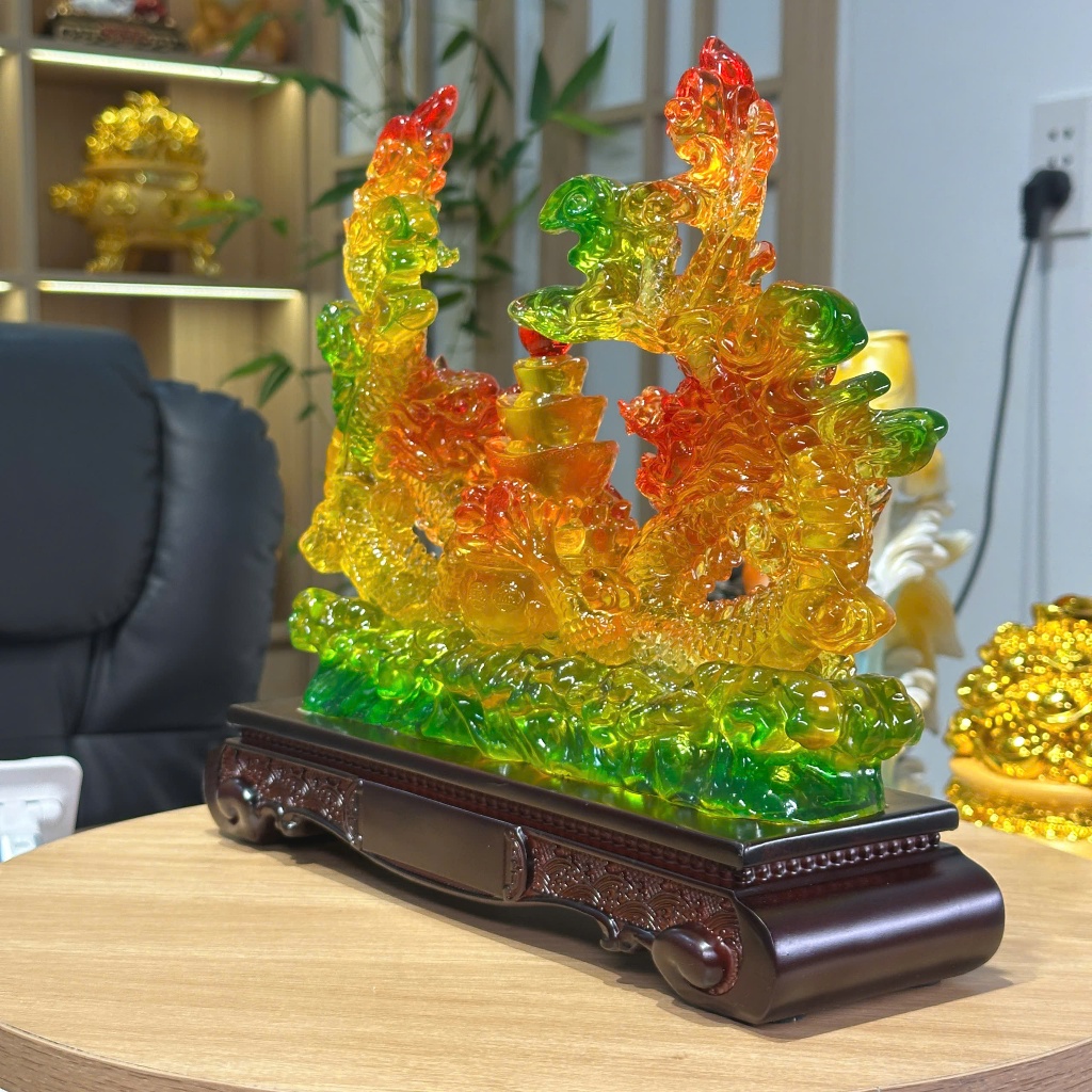 Tượng Con Rồng Song Long Tụ Bảo 31x10x28 Phong Thủy Tuổi Thìn, Quà Tặng Tân Gia, Khai Trương, Decor
