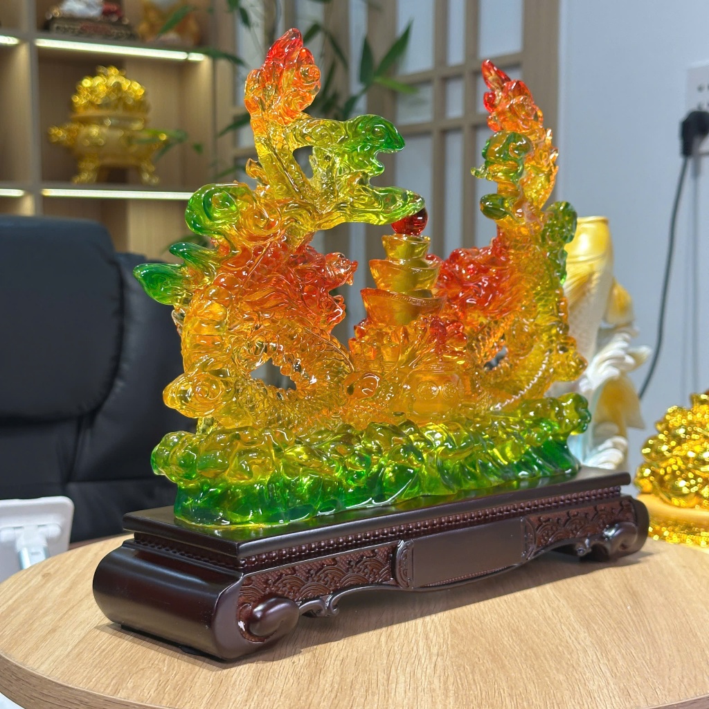 Tượng Con Rồng Song Long Tụ Bảo 31x10x28 Phong Thủy Tuổi Thìn, Quà Tặng Tân Gia, Khai Trương, Decor