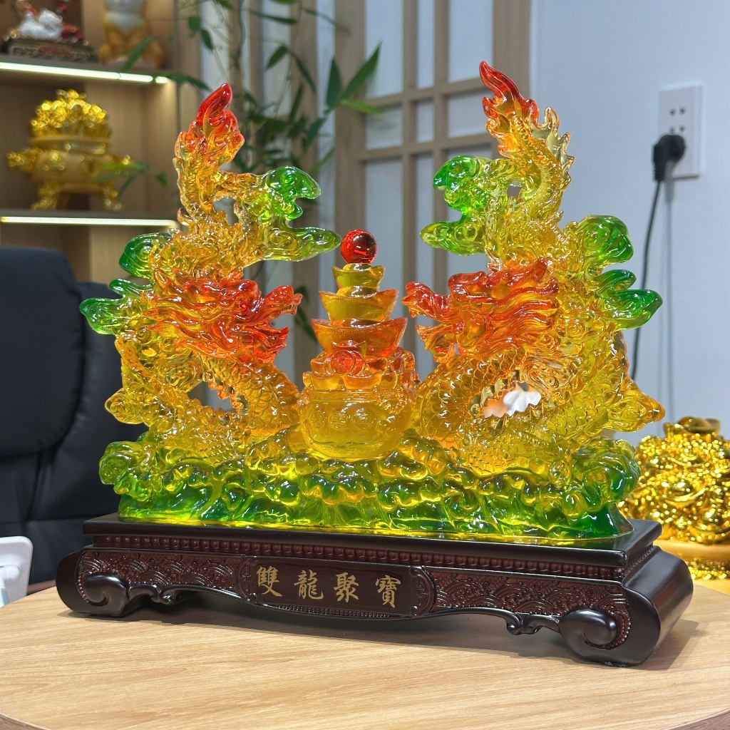 Tượng Con Rồng Song Long Tụ Bảo 31x10x28 Phong Thủy Tuổi Thìn, Quà Tặng Tân Gia, Khai Trương, Decor
