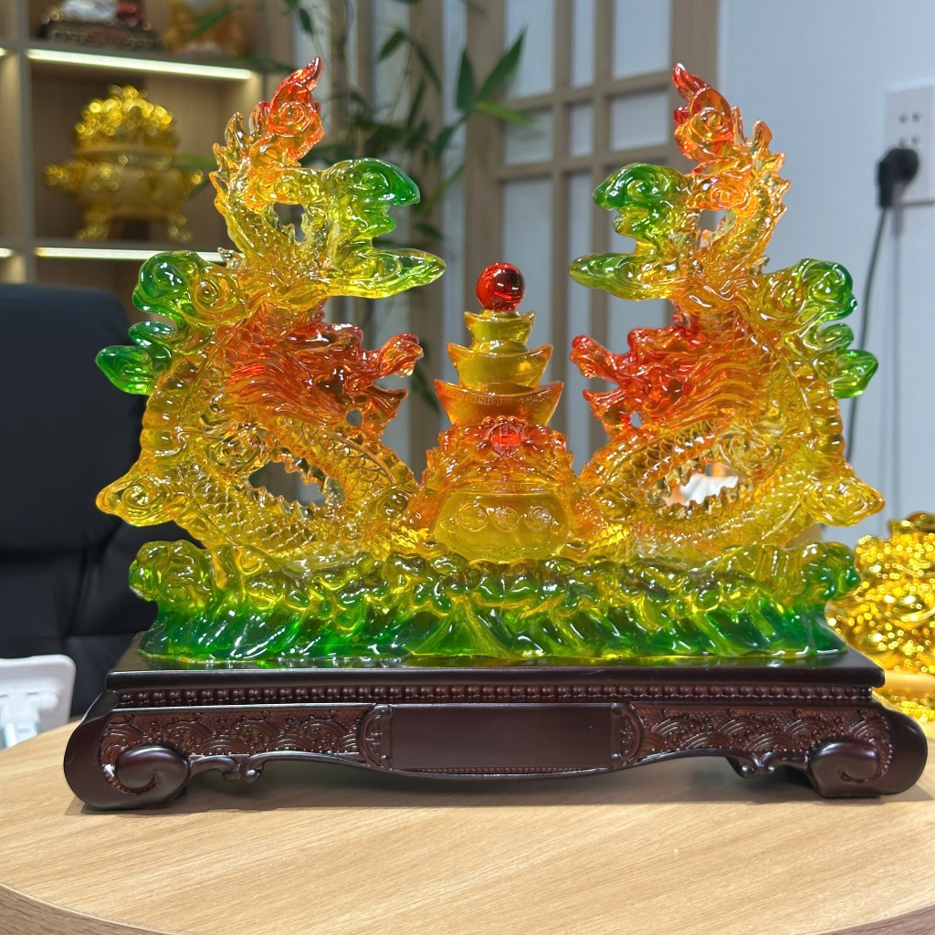 Tượng Con Rồng Song Long Tụ Bảo 31x10x28 Phong Thủy Tuổi Thìn, Quà Tặng Tân Gia, Khai Trương, Decor
