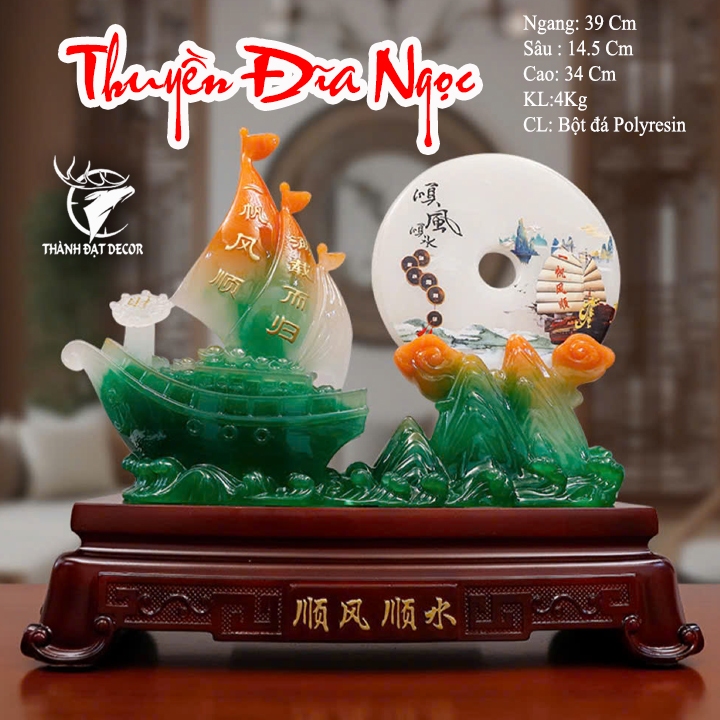Tượng Thuyền Thuận Buồm Xuôi Gió Đĩa Ngọc Như Ý Phong Thủy, Quà Tặng Tân Gia , Khai Trương, Tặng Sếp