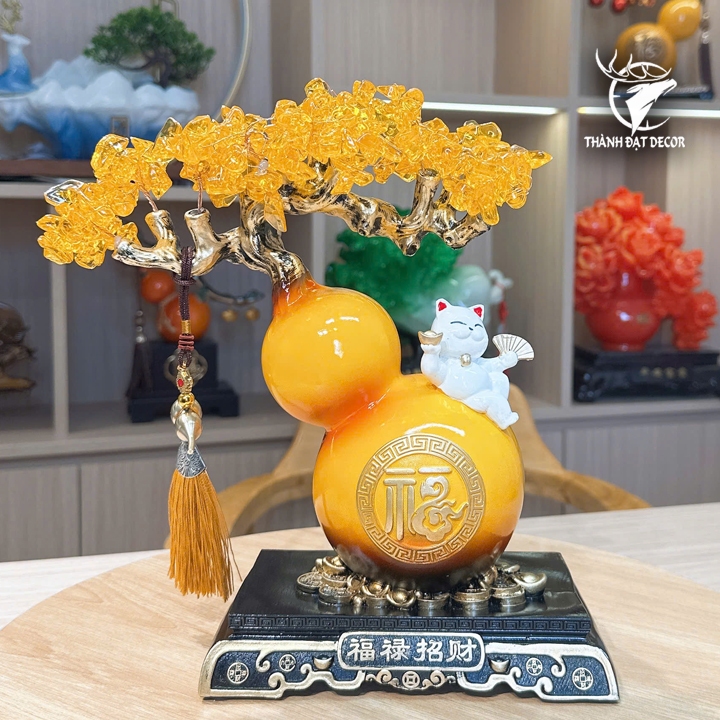 Tượng Hồ Lô Mèo Thần Tài May Mắn Cây Tiền, Quà Tặng Tân Gia Khai Trương Sinh Nhật Decor Nhà Cửa