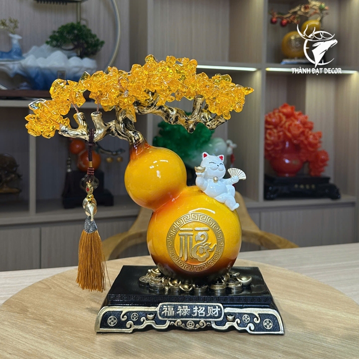 Tượng Hồ Lô Mèo Thần Tài May Mắn Cây Tiền, Quà Tặng Tân Gia Khai Trương Sinh Nhật Decor Nhà Cửa