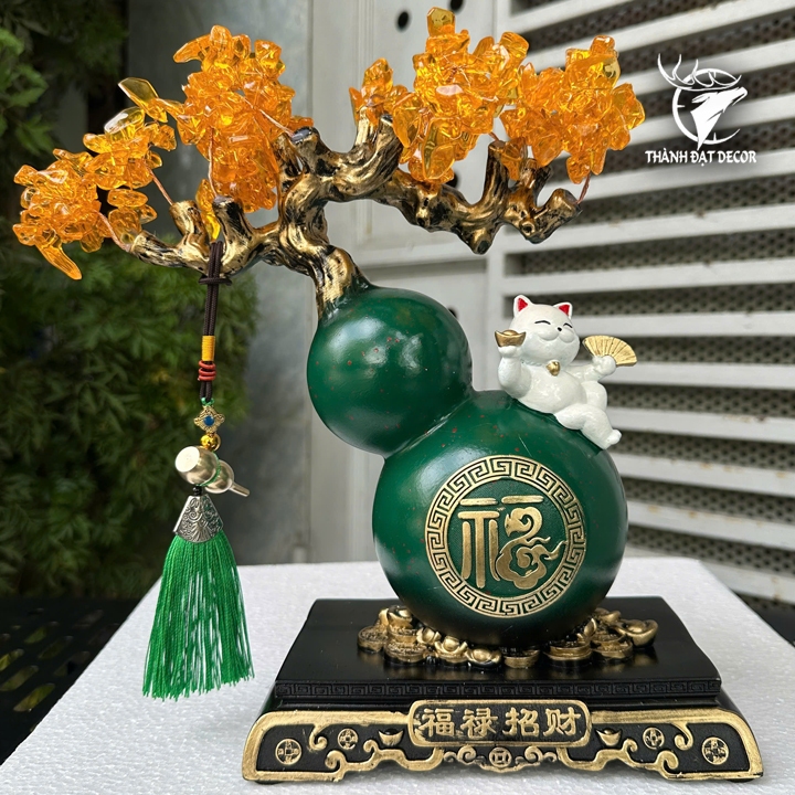 Tượng Hồ Lô Mèo Thần Tài May Mắn Cây Tiền, Quà Tặng Tân Gia Khai Trương Sinh Nhật Decor Nhà Cửa