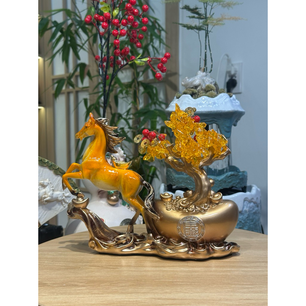 Tượng Ngựa Kéo Cây Tiền Vàng Phong Thủy Trang Trí Nhà Cửa Quà Tặng Tân Gia Khai Trương Sinh Nhật