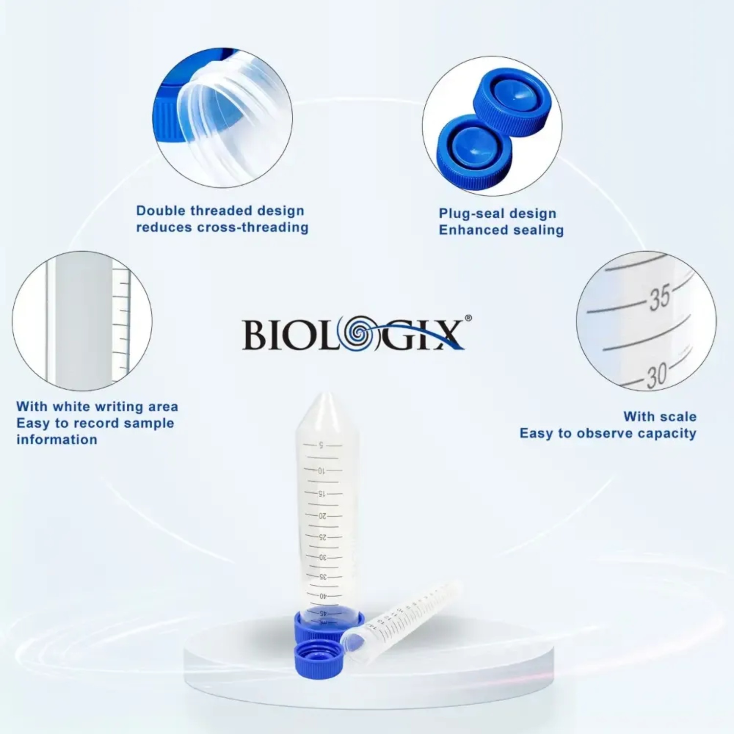 Ống ly tâm nhựa 15ml, nắp rãnh, Centrifuge Tubes (không tiệt trùng), 500 cái/Thùng, Hãng Biologix- USA