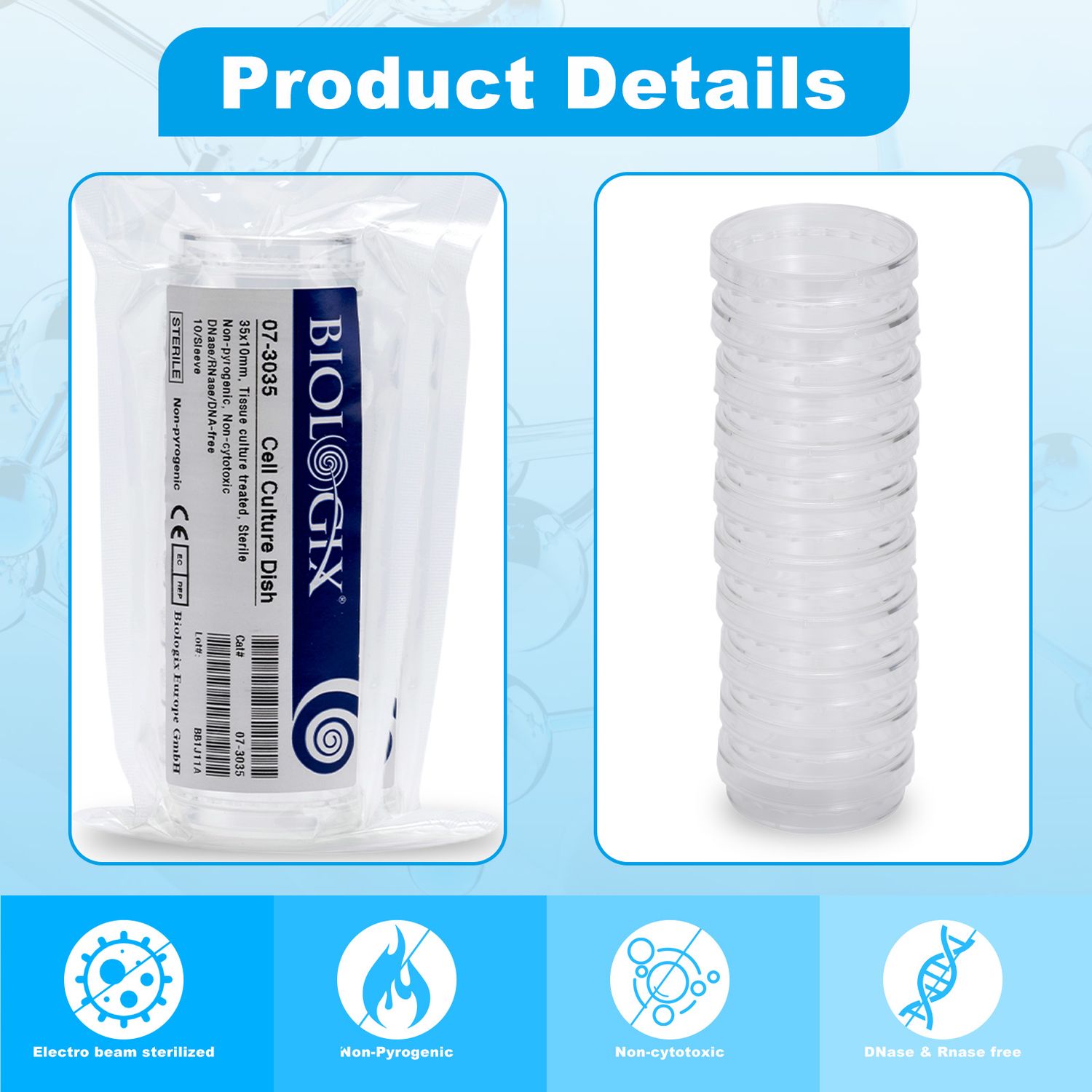 Đĩa nuôi cấy tế bào 30mm-150mm, (Cell Culture Dishes), 10 cái/túi tiệt trùng, Hãng Biologix-USA