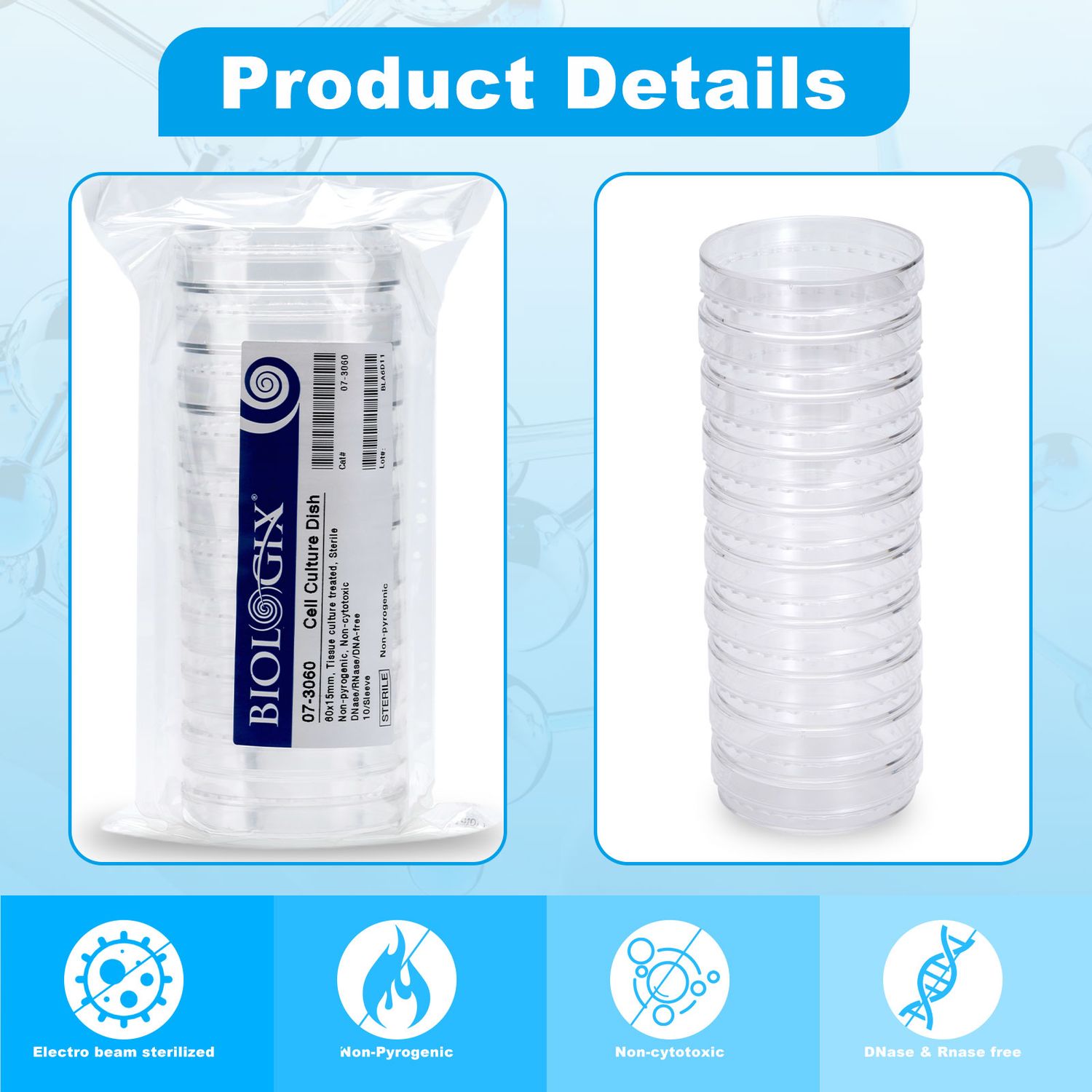Đĩa nuôi cấy tế bào 30mm-150mm, (Cell Culture Dishes), 10 cái/túi tiệt trùng, Hãng Biologix-USA