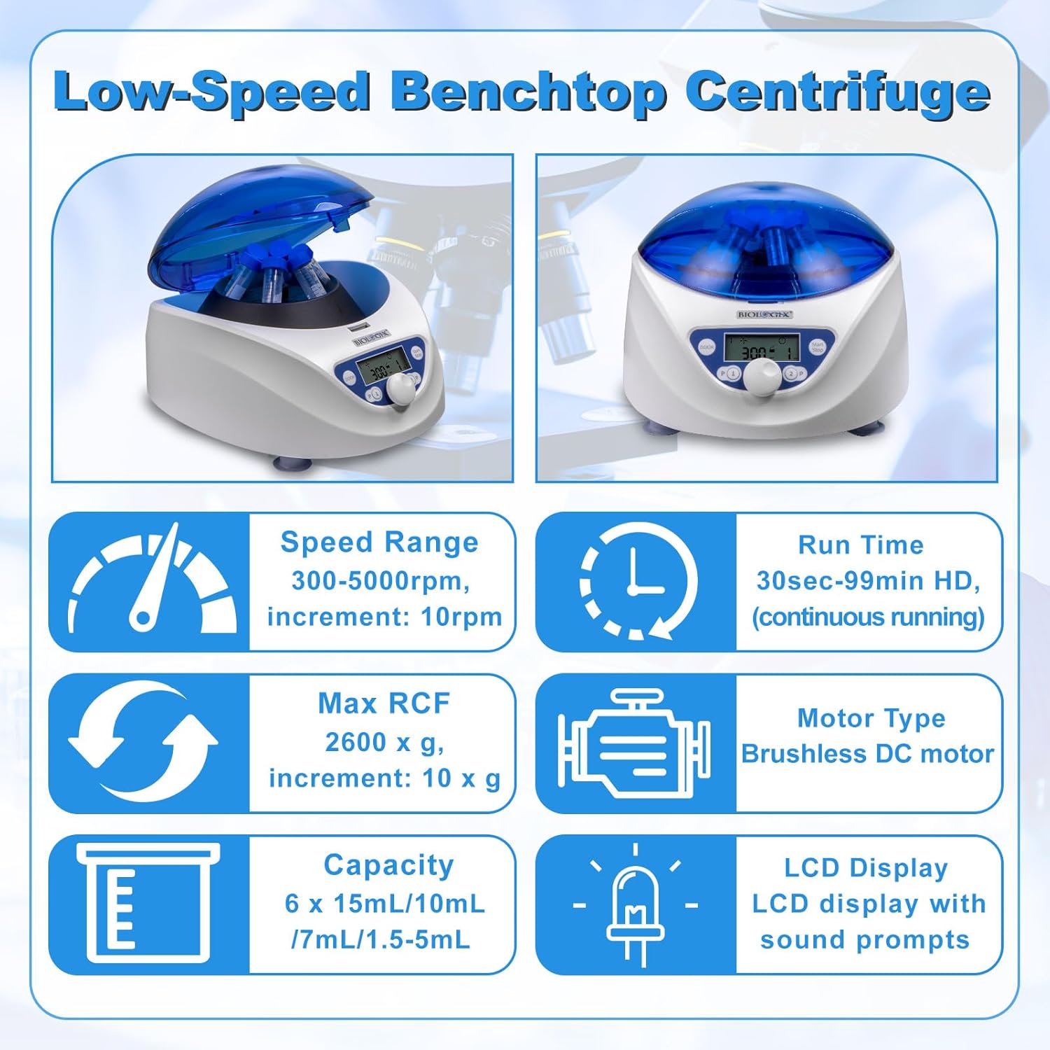 Máy ly tâm tốc độ 5000rpm, 6 ống 15mL/10mL/7mL/5mL. hãng Biologix