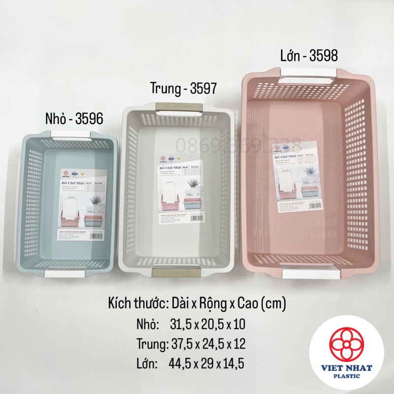 Rổ chữ nhật có quai cầm nhựa đựng đồ đa năng (3596/3597/3598) - Việt Nhật Plastic HN