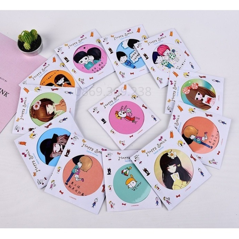 Gương trang điểm mini bỏ túi dáng tròn họa tiết hoạt hình dễ thương (Hình ngẫu nhiên) - Việt Nhật Plastic HN