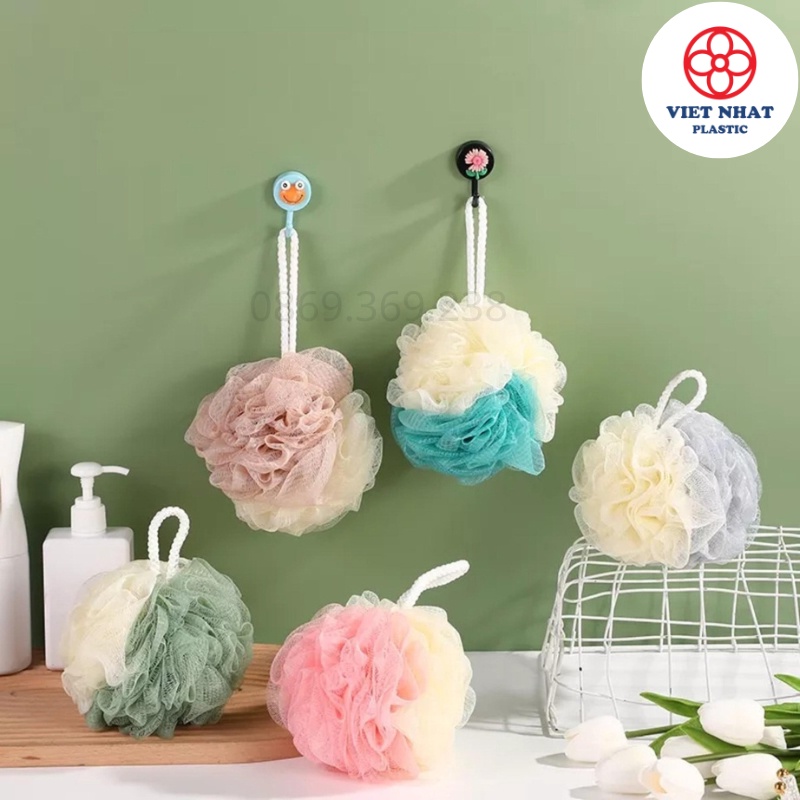 Bông tắm lưới tròn, dài mềm mịn có dây treo
