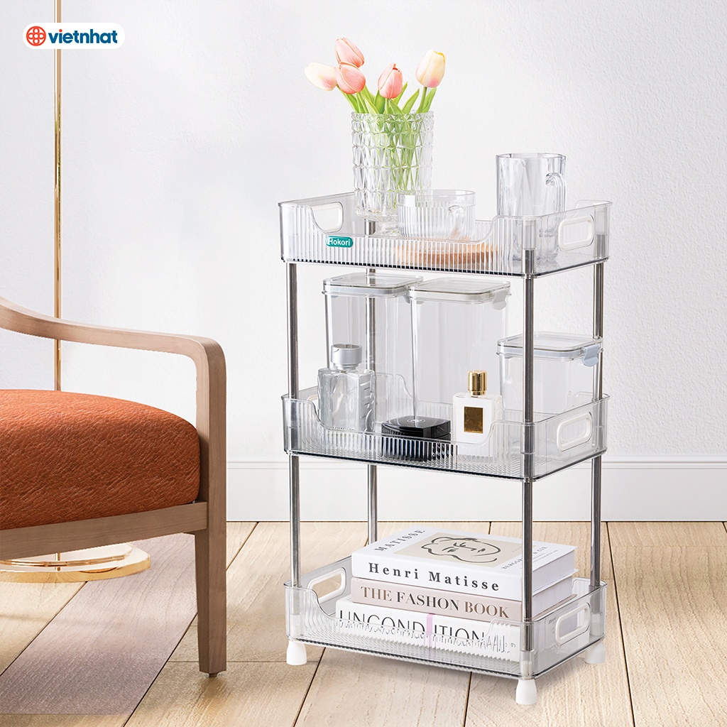 Kệ chữ nhật trong suốt thân inox Hokori 5556, để đồ uống, decor bàn - Việt Nhật Plastic HN