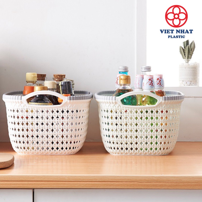 Giỏ nhựa đựng đồ đan hoa có tay cầm 3377 Việt Nhật - Việt Nhật Plastic HN