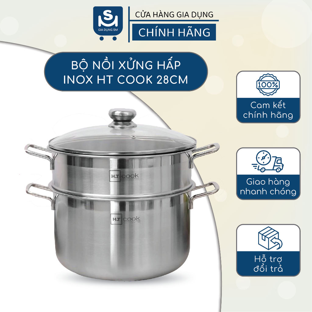 Bộ Nồi Xửng Hấp Inox HT Cook Size 28cm Bộ Nồi 2 Tầng Vung Kính Dày Đẹp Dùng Hấp, Luộc Thực Phẩm