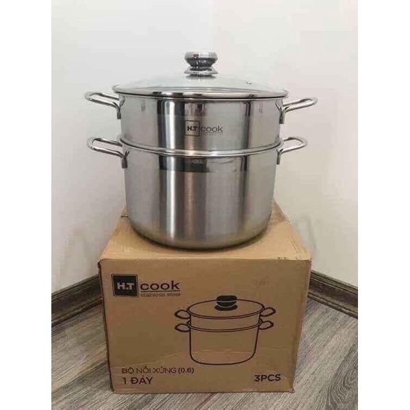 Bộ Nồi Xửng Hấp Inox HT Cook Size 28cm Bộ Nồi 2 Tầng Vung Kính Dày Đẹp Dùng Hấp, Luộc Thực Phẩm