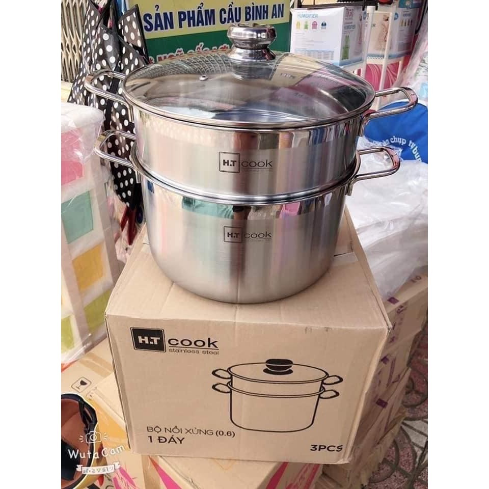 Bộ Nồi Xửng Hấp Inox HT Cook Size 28cm Bộ Nồi 2 Tầng Vung Kính Dày Đẹp Dùng Hấp, Luộc Thực Phẩm