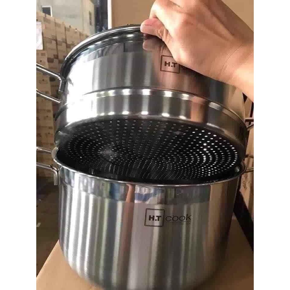 Bộ Nồi Xửng Hấp Inox HT Cook Size 28cm Bộ Nồi 2 Tầng Vung Kính Dày Đẹp Dùng Hấp, Luộc Thực Phẩm