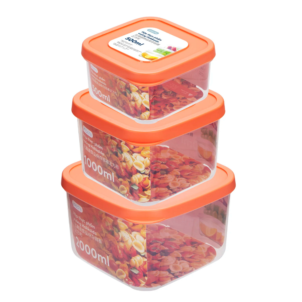Bộ 3 Hộp Nhựa Đựng Thực Phẩm 500-1000-2000ml  Hokkaido Vuông - Nhựa Cao Cấp Trong Suốt Bền Kín Chịu Nhiệt Cao