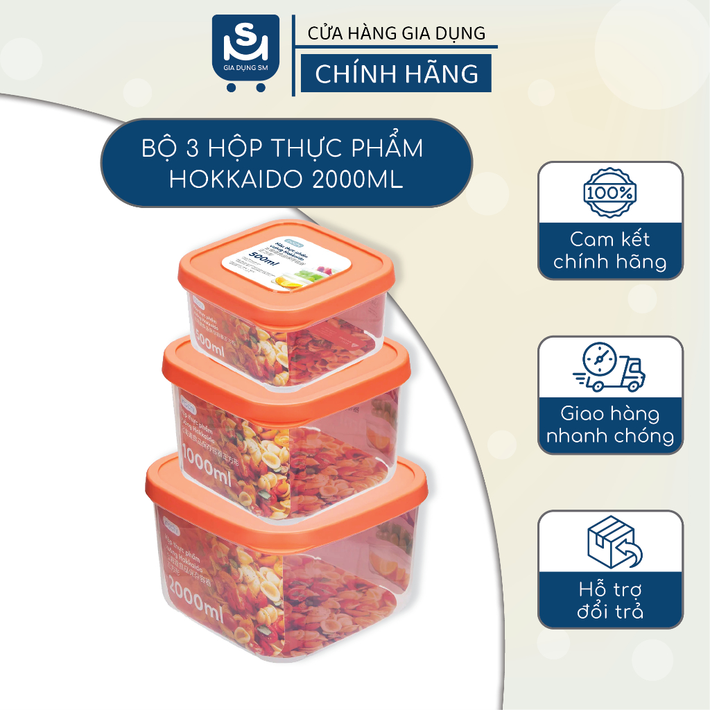 Bộ 3 Hộp Nhựa Đựng Thực Phẩm 500-1000-2000ml  Hokkaido Vuông - Nhựa Cao Cấp Trong Suốt Bền Kín Chịu Nhiệt Cao