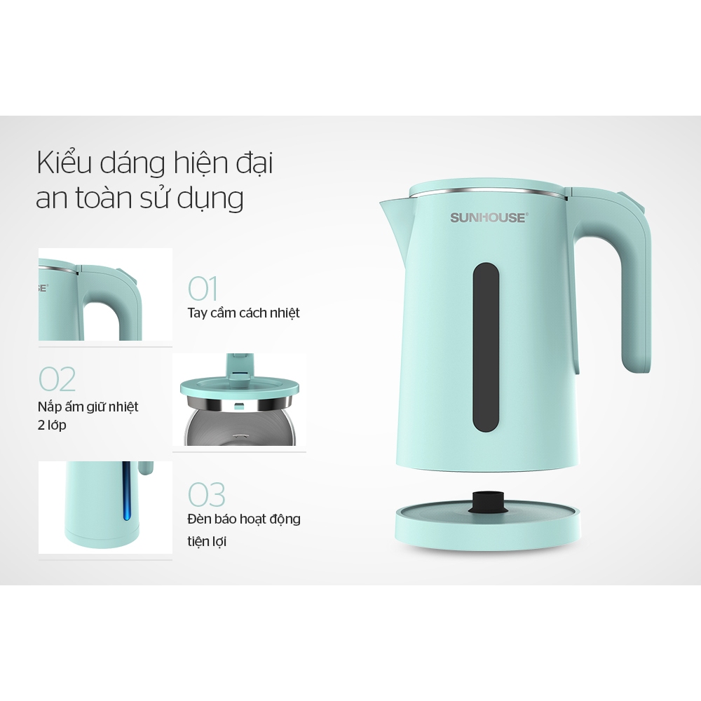 Ấm Siêu Tốc Inox 2 Lớp Sunhouse 1351 Dung Tích 1.8 Lít Bình Đun Siêu Tốc công Suất 1500w, Tự Động Ngắt