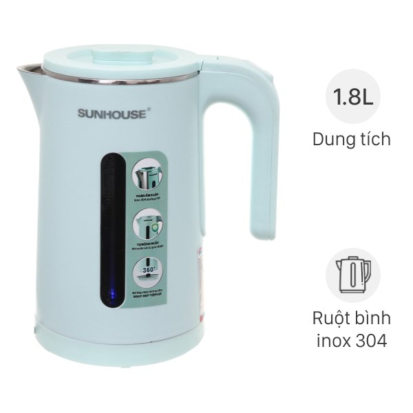 Ấm Siêu Tốc Inox 2 Lớp Sunhouse 1351 Dung Tích 1.8 Lít Bình Đun Siêu Tốc công Suất 1500w, Tự Động Ngắt
