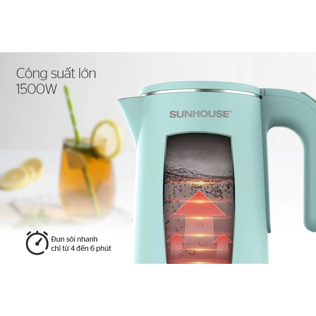 Ấm Siêu Tốc Inox 2 Lớp Sunhouse 1351 Dung Tích 1.8 Lít Bình Đun Siêu Tốc công Suất 1500w, Tự Động Ngắt