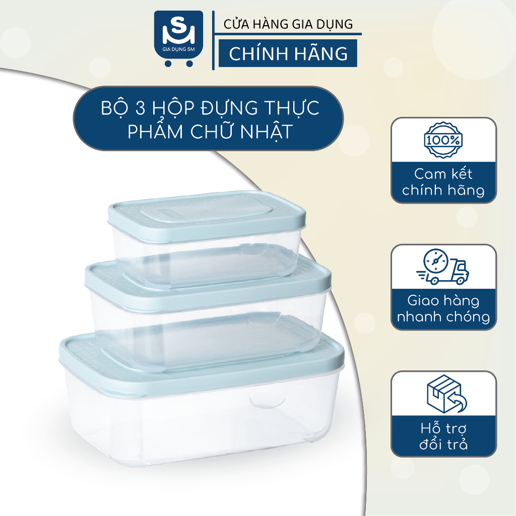 Bộ 3 Hộp Đựng Thực Phẩm Chữ Nhật Đựng Rau Củ Quả Tiện Lợi Việt Nhật 750ml-1500ml-2500ml