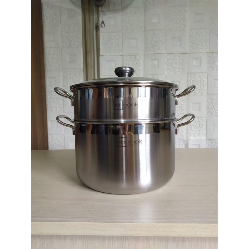 Bộ Nồi Xửng Hấp Inox HT Cook Size 28cm Bộ Nồi 2 Tầng Vung Kính Dày Đẹp Dùng Hấp, Luộc Thực Phẩm