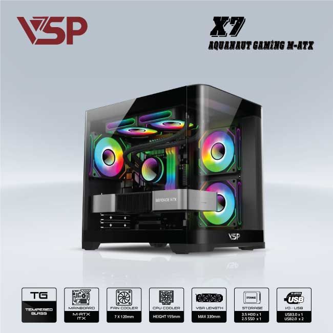 VỎ CASE MÁY TÍNH VSP GAMING X7 M-ATX - ĐEN AQUANAUT PRO