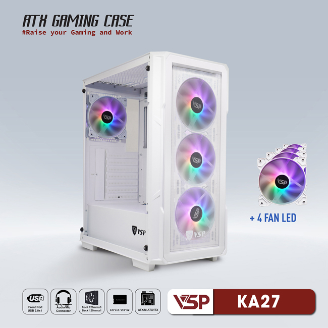 VỎ CASE MÁY TÍNH VSP GAMING KA27- Trắng + 4Fans Led