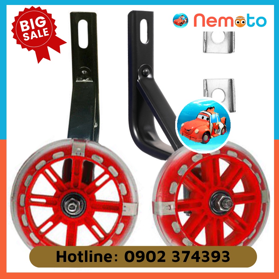 Bánh phụ xe đạp trẻ em có đèn LED sáng, Decal (gồm cả bộ 2 bánh + chân sắt)
