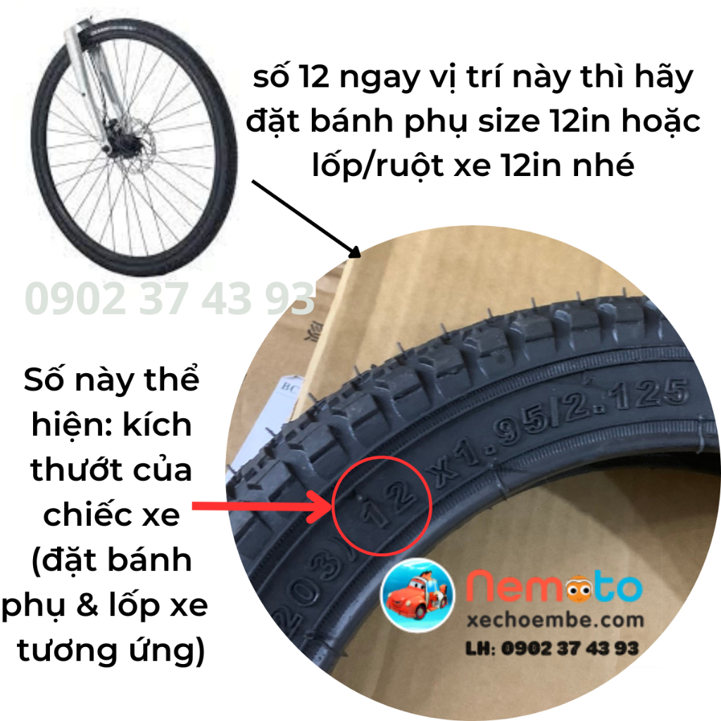 Bánh phụ xe đạp cao su chạy êm ái size 16-18-20in
