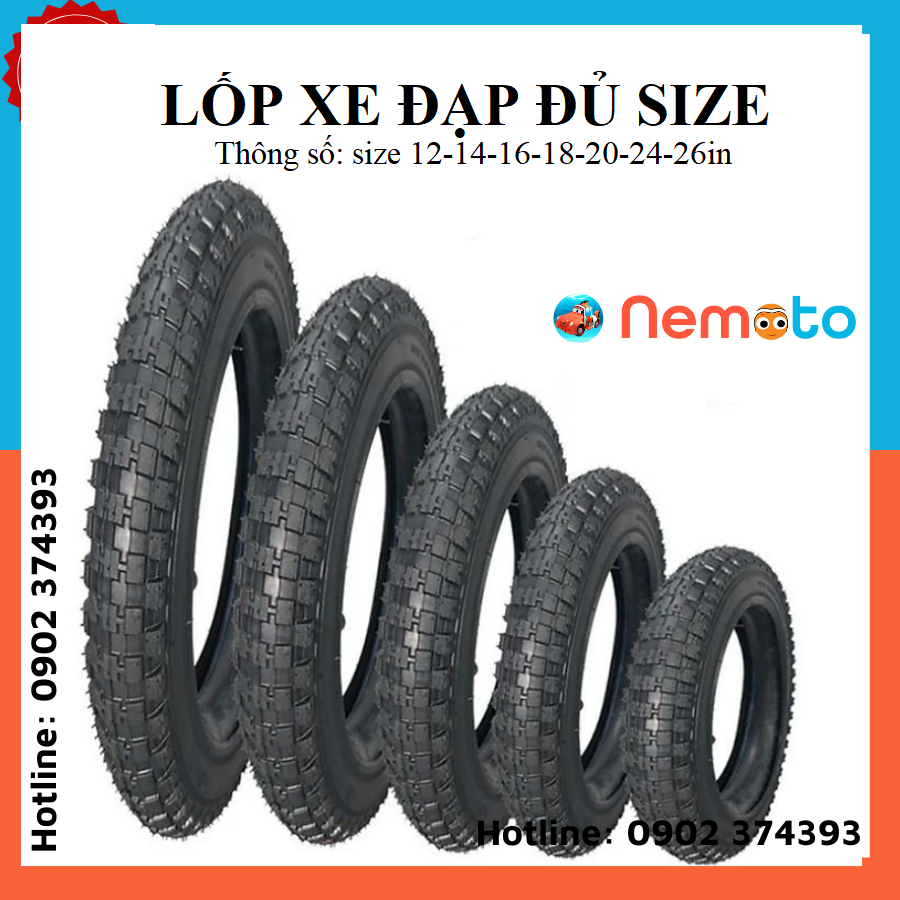 Lốp xe đạp (vỏ xe đạp) size 12-14-16-18-20-24-26inch Casumina, Kenda, Deli Tire