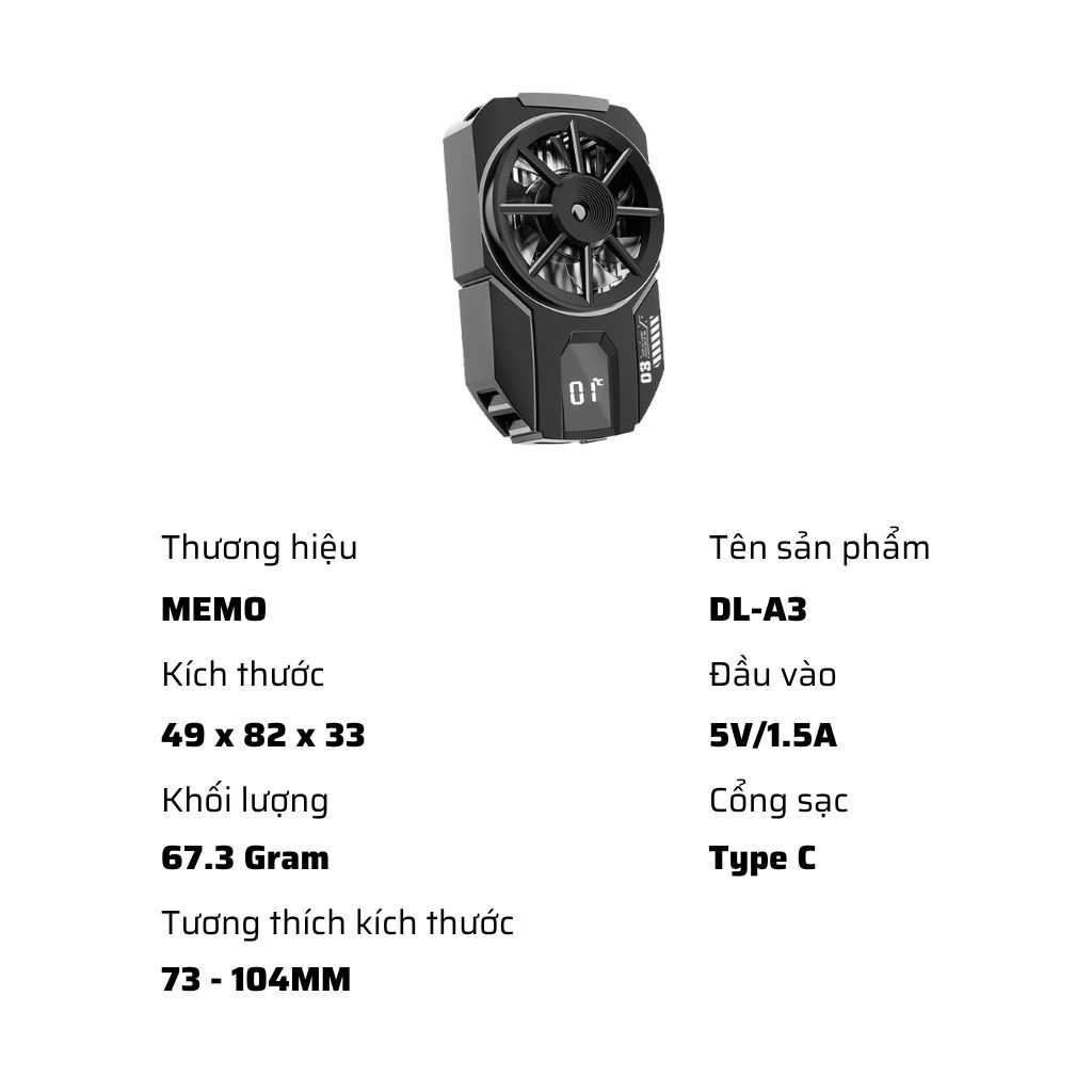 Memo DLA3 | Quạt tản nhiệt sò lạnh có LED hiển thị nhiệt độ, đèn RGB (Tặng kèm bao tay chơi game)