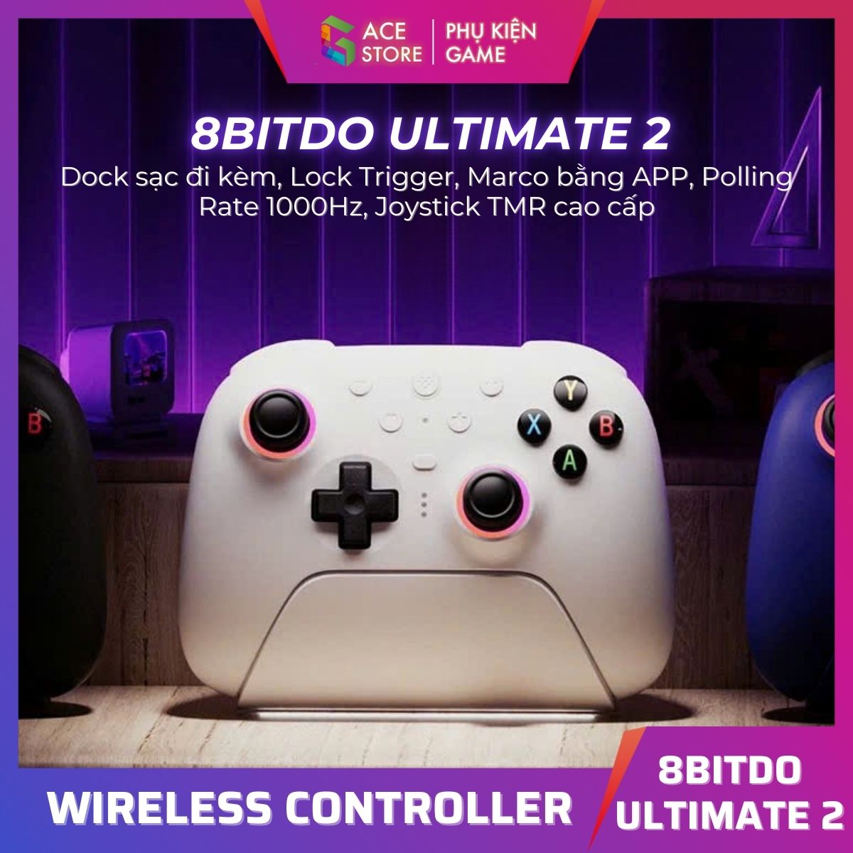 Tay Cầm 8BitDo Ultimate 2 Wireless 1000Hz – TMR Stick Chống Drift – Dock Sạc | PC & Android